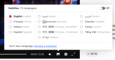 A screenshot with 13 available subtitles on TED