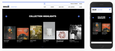A comparison of the desktop and mobile versions of the Gram Museum website showing both left and right arrows above the carousel (both versions)