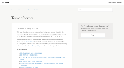 The New York Times Terms of service page has breadcrumbs, a search bar and table of contents for better navigation