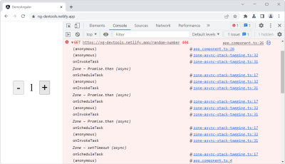 Chrome DevTools Console, showing an async stack trace after a 404 error in the Console