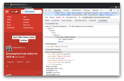 The accessibility pane in use on the Smashing Magazine website