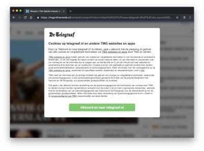 telegraaf cookie consent prompt