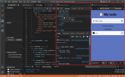 VSCode, with the Edge Tools extension installed, showing the Elements tool and the embedded browser, in VSCode