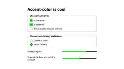 Form with checkboxes, radio buttons, progress bar and range input, with lime accent color applied.