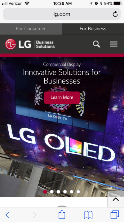 Small solid button on LG’s mobile website.