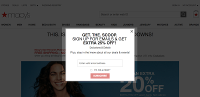 Example of Macy’s modal pop-up on desktop