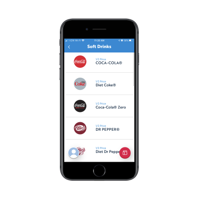 SONIC mobile app - list of soft drinks for purchase