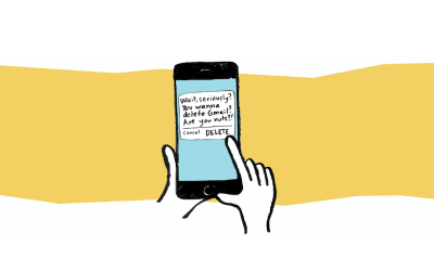 An illustration of a hand holding a phone. The phone shows a popup saying: Wait seriously? You wanna delete Gmail? Are you nuts?