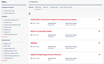 An example from the website of the University of Antwerp showing filters in alphabetical order beginning with A