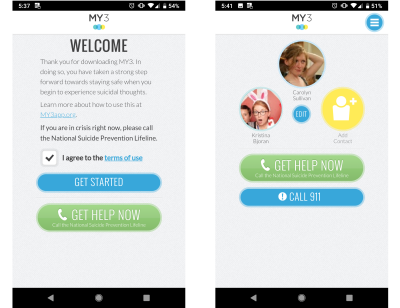 The MY3 app encourages human connections. Having a therapist, friend, family member, or other human support correlates to lower rates of suicide and depression.