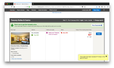screenshot from the hotels website displaying an aggressive notification saying 'this hotel has been booked 57 times in the last 24 hours'.