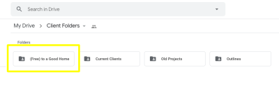 A Google Drive folder called “(Free) to a Good Home” to store unused designs in