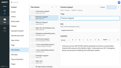 The Sanity Studio with a “plan feature” document titled “Premium Support” open with an editor