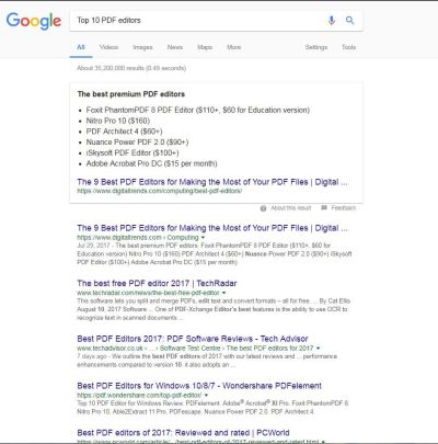 Google search for top 10 PDF editors