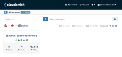 Screenshot of the Cloudsmith app interface with the list of repositories containing pehaa/gatsby-wp-theming.