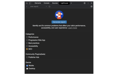 Google Chrome browser Lighthouse developer tools category SEO screenshot.