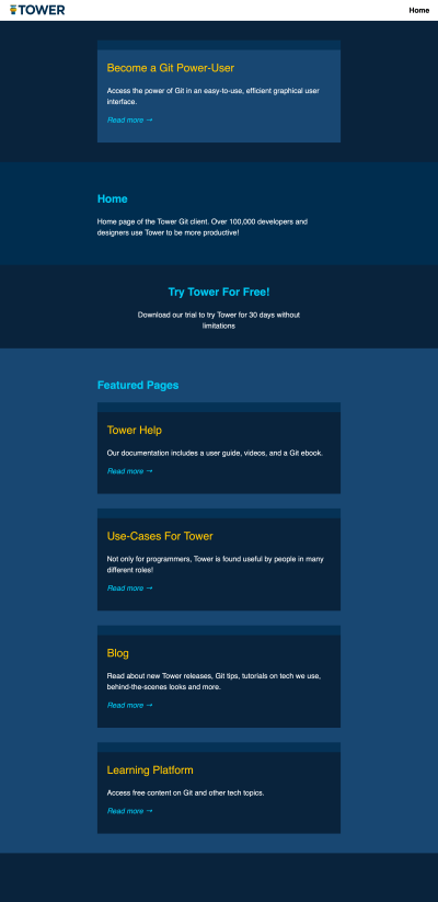 Home page of the Tower Git client showing four featured pages and banners