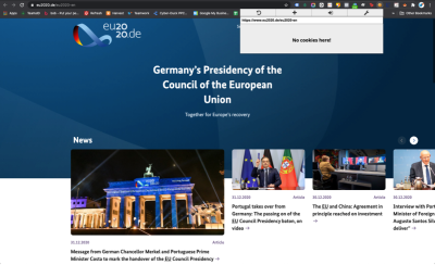 Screengrab of Germany’s EU2020 site showing no cookies and no cookie consent notice