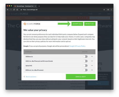 sourceforge privacy settings