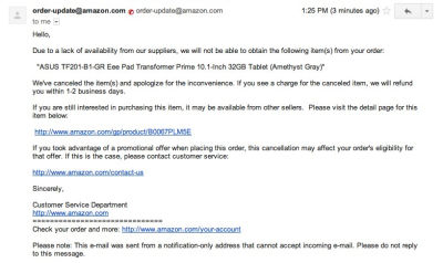 Cancellation notification email from Amazon