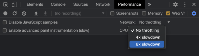 A screenshot showing how to enable CPU throttling in Chrome DevTools