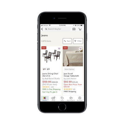 Wayfair app search filters