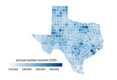 A map of Texas indicating the county income