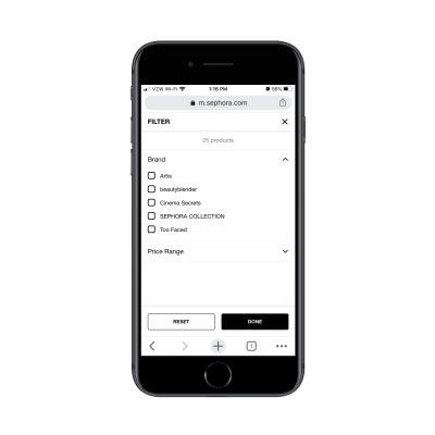 Sephora customers can filter category page results by Brand and Price Range
