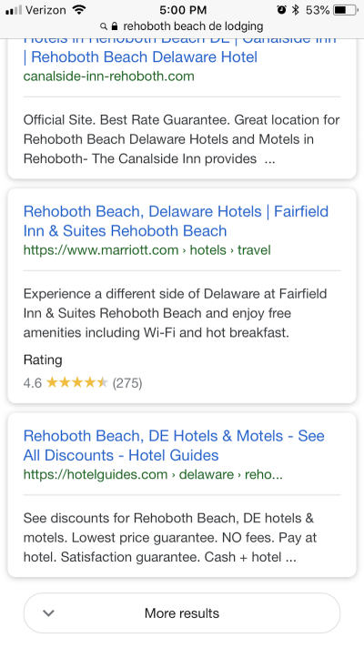 The Fairfield Inn & Suites listing includes an eye-catching rating.