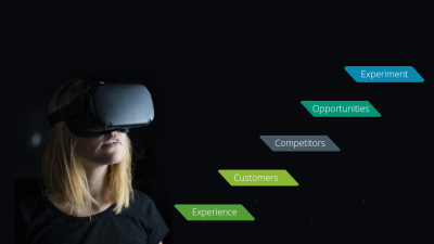 A woman wearing a virtual reality headset looks toward 5 steps recommended for a company to enter the metaverse