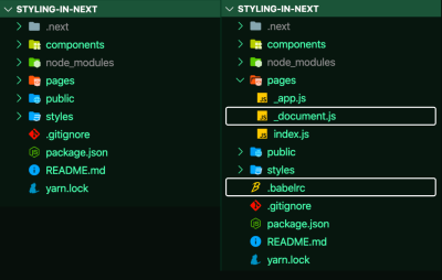 A screenshot of the change to the demo Bookshelf after adding two new files - <code>_.document.js</code> and <code>.babelrc</code>