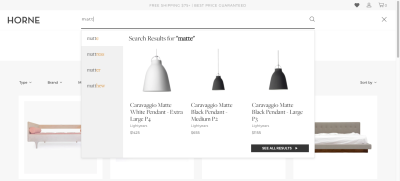 The Horne website’s search bar accurately matches an inputted phrase with product categories and products