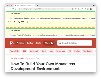 A screenshot of the ct.css tool at work on the Smashing Magazine website showing inline styles and a warning of JS blocked by CSS