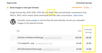 PageSpeed Insights WebP tips