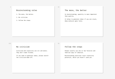 Examples of slides that describe the three core brainstorming rules