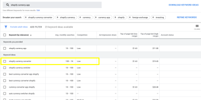 Search for “shopify currency app” in Google Keyword Planner, with “shopify currency converter” highlighted