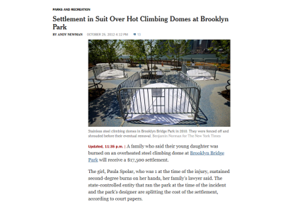 Screenshot of New York Times news article about a playground lawsuit