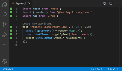 A screenshot of the code inside the App.test.js file