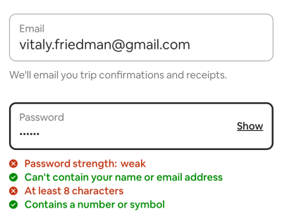 AirBnB example with a real-time updated password strength indicator.
