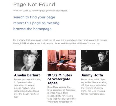 White background with pictures of Amelia Earhart, Watergate hotel, and Jimmy Hoffa referencing articles about lost things