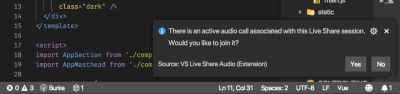 vs code notification asking if you would like to join the audio call