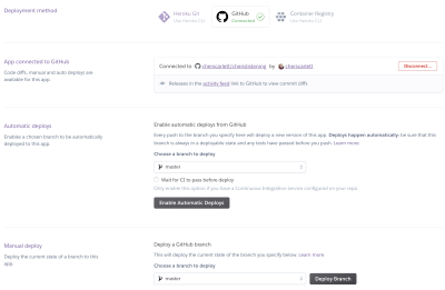 Automatic deployment setup with Github on a screenshot of the dashboard area of Heroku