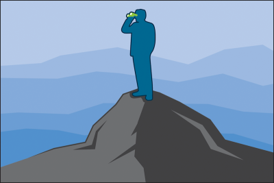 Man standing on a mountain looking out with binoculars