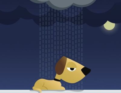 An illustration of a sad dog under a rainny cloud.