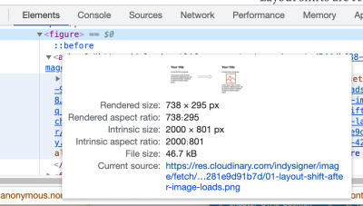 Chrome Dev Tools screenshot showing the image, rendered size, rendered aspect ratio, intrinsic size, intrinsic aspect ratio, file size and current source.