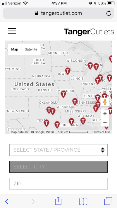 The “Location” page on the Tanger Outlets site includes an interactive map.