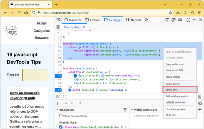 The Debugger tool in Firefox, with a few lines of code selected and the contextual menu displayed, showing the 'Ignore lines' option