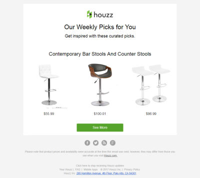 Email with an unsubscribe link from Houzz