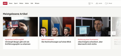 SRF.ch, a Swiss news website, shows the current topics and news with the help of arrows grouped and displayed on the sides with upcoming/further posts faded out