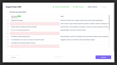 ClickUp data importer highlights required rows with missing or incorrect data in red